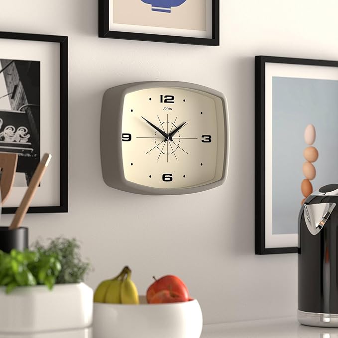 JONES CLOCKS® Movie Wall Clock | Rectangular Retro Clock | 10 inch | Grey | Cool mid-Century Designer Look for Kitchen, Living Room or Office