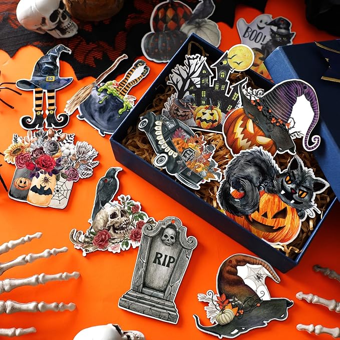 Huwena 36 Pcs Halloween Wood Ornament for Tree Vintage Ornaments Wooden Halloween Hanging Decorations Pumpkin Witch Black Cat Wood Cutouts with Ropes for Home Party Decor(Witch Hat)