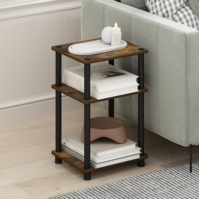 Furinno Just 3-Tier Turn-N-Tube End Table, 1-Pack, Amber Pine/Black