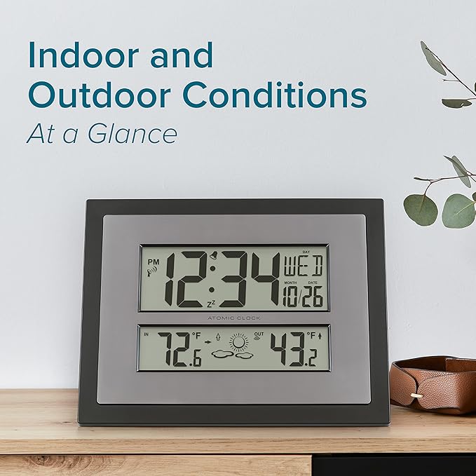 La Crosse Technology 512-85937-INT Atomic Digital Wall Clock with Temperature & Forecast in Gray/Silver