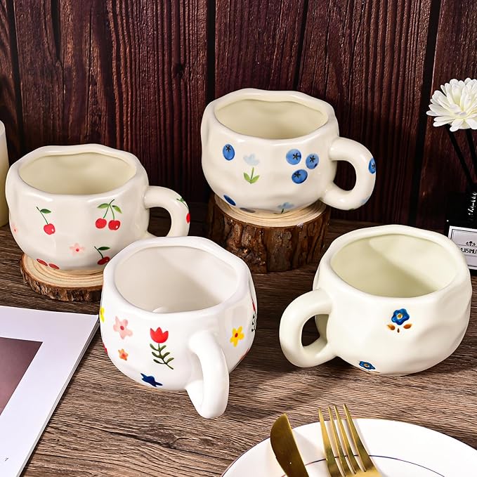4 Pcs Ceramic Coffee Mugs Set of 4, 10 oz Hand Painted Floral Mug Cute Flower Cup Aesthetic Latte Art Cups for Office and Home Vintage Tea Cup for Cappuccino, Cocoa, Espresso - Microwave Safe