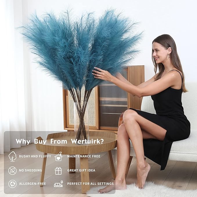 8 Pcs 45 inch Tall Faux Pampas Grass Decor, Large Artificial Blue Pompous Grass Bulk, Long Fake Pompas for Floor Vase Filler, Wedding, Baby Shower, Home and Boho Decor (Blue)