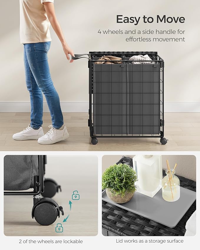 SONGMICS Laundry Hamper, 110L Laundry Basket with Lid, Clothes Hamper with Wheels, Collapsible Removable Liner Bag, Iron-Made Laundry Sorter, Ink Black and Slate Gray ULCB211B11