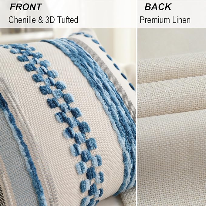 Boho Pillow Covers 18x18 Set of 2 for Couch-Modern Farmhouse Sofa Decorative Blue Throw Pillow Covers Textured Chenille Cushion Covers Outdoor Netural Bohemian Pillow Cases Square