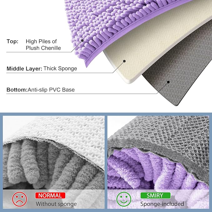 Smiry Luxury Chenille Bathroom Rugs 24x16, Extra Soft and Absorbent Shaggy Bath Mat, Machine Washable, Non-Slip Plush Carpet Runner for Tub, Shower, and Floor, Home Decor Accessories, Purple