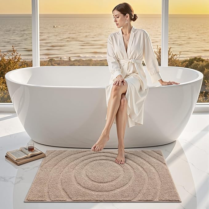 LUMI Chenille Bathroom Rugs, 24"x36" Extra Soft Non Slip Absorbent Bath Rugs, Washable Bath Mats for Bathroom Floor Tub and Shower, Beige