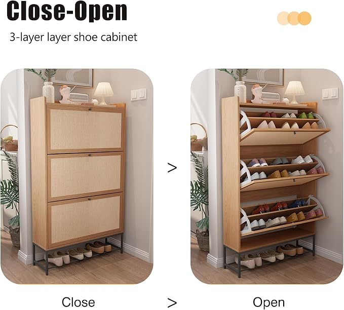AVZEAR Narrow Shoe Storage Cabinet with 3 Flip Drawers, Freestanding Shoe Organizer Wooden Closed Shoe Rack, Slim Shoe Cabinet Storage for Entryway, Hallway, Living Room (Natural)