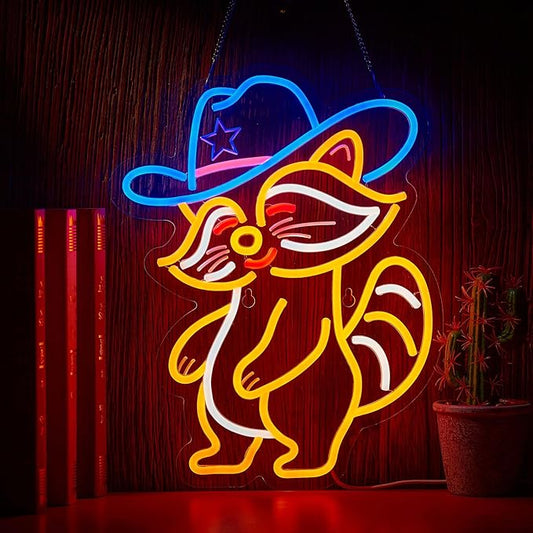 Cowboy Racoon Neon Sign Raccoon Neon Light Cowboy LED Sign USB Powered Dimmable Art Signs for Bar Pub Store Man Cave Kids Room 16.2 X 12.6 inch