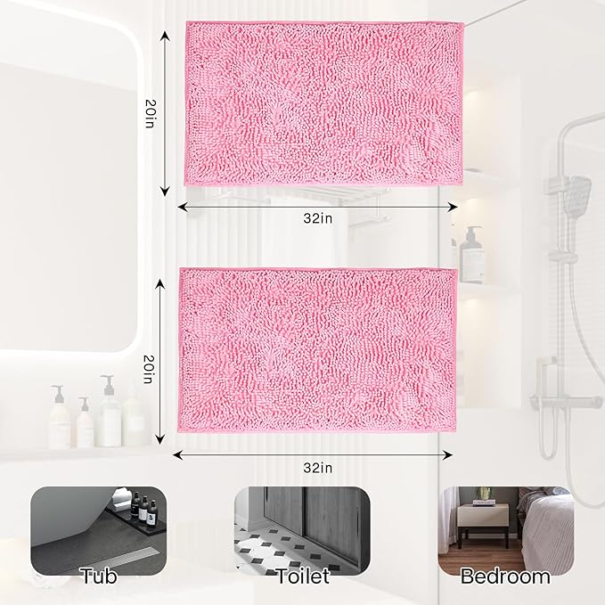 Pink Bathroom Rugs Sets 2 Piece Washable, Luxury ,Chenille Bath Mat Set, Soft Plush Anti-Slip Rectangular Bath, Rug Super Absorbent. (Pink, 32"x20"+32"x20")