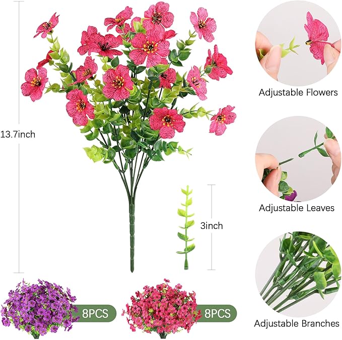 AmyHomie 16 Bundles Artificial Flowers for Outdoor Outside Spring Summer Decoration UV Resistant Faux Flowers No Fade Fake Plastic Plants Garden Porch Window Box Decorating