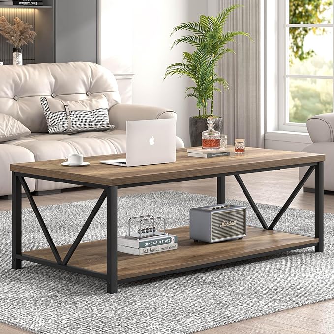 FOLUBAN Modern Coffee Table, Living Room Center Table with Storage, Wood and Metal Cocktail Table, Rustic Oak, 47 Inch