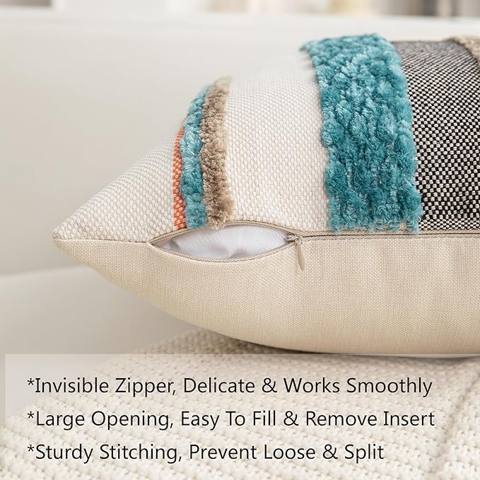 Boho Pillow Covers 18x18 Set of 2 for Couch-Modern Farmhouse Sofa Decorative Teal Throw Pillow Covers Textured Chenille Cushion Covers Outdoor Netural Bohemian Pillow Cases Square