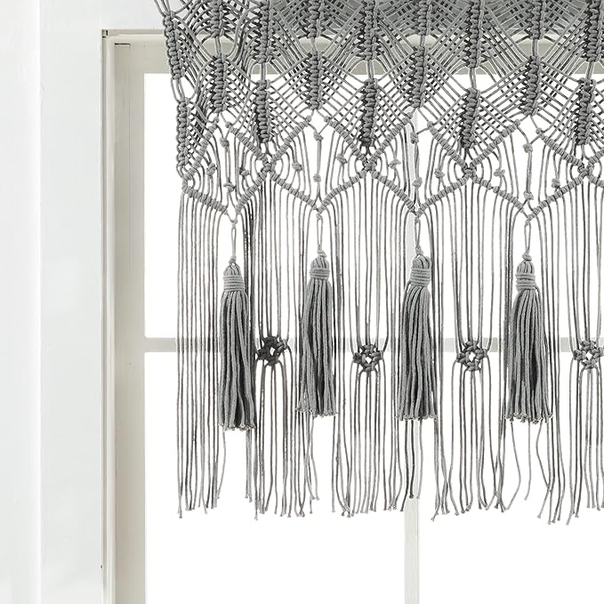 Lush Decor Boho Macrame Tassel Cotton Valance/Kitchen Curtain/Wall Decor, 30" L x 40" W, Gray