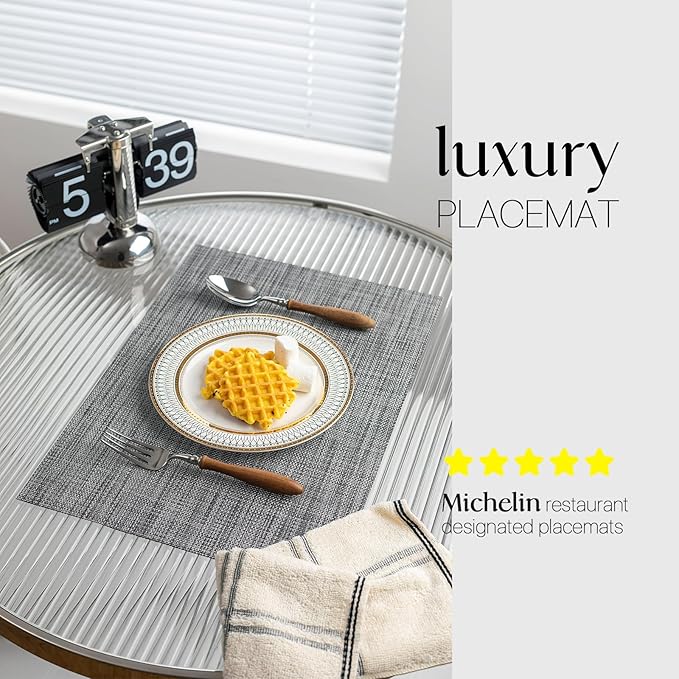 LEXMORE Placemats Set of 6 Vinyl/Plastic Woven Place Mats for Kitchen Table Indoor/Outdoor Washable Placemat Wipeable Dining Table Mats(Dark Gray)