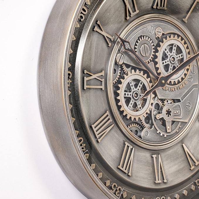 CLXEAST 24 Inch Large Moving Gear Wall Clock for Living Room Decor, Antique Silver Metal Roman Numerals Wall Clocks for Home Office