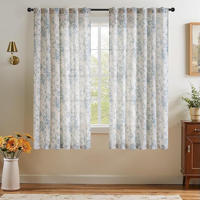 jinchan Linen Blend Curtain Floral Curtains for Living Room 45 Inch Length Blue Printed Curtain Rod Pocket Back Tab Farmhouse Peony Flower Patterned Drapes Bedroom Window Curtains Set 2 Panels