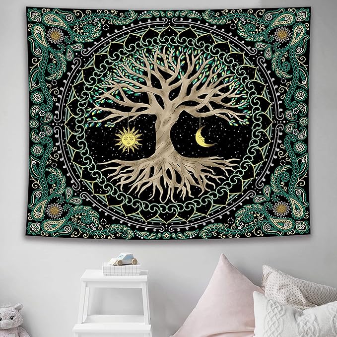 FORATER Tree of Life Tapestry Wall Hanging Aesthetic Sun and Moon Tapestry with Vintage Paisley Flowers Colorful Tree Wall Tapestry for Bedroom, Living Room, Dorm(53 x 61 inches, Multicolor)