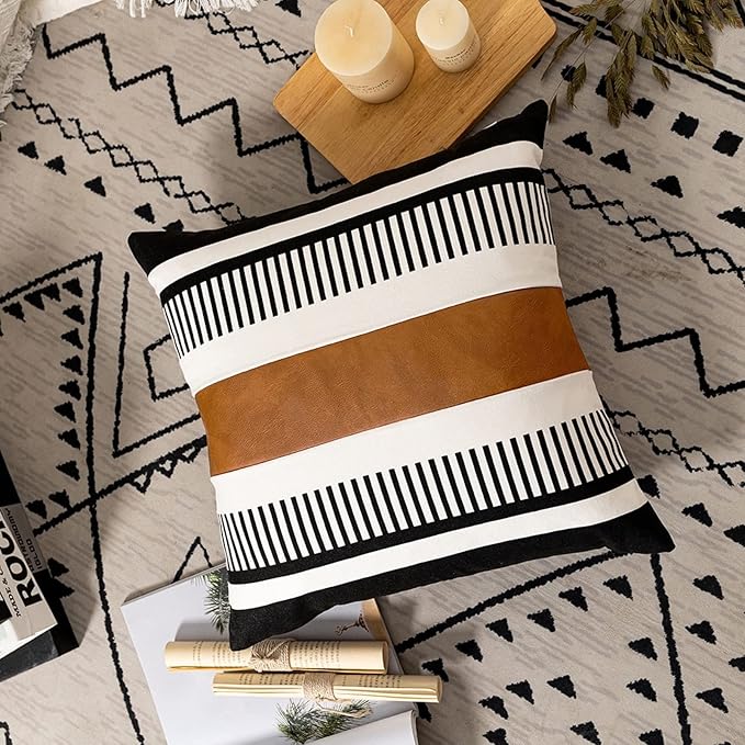 Black White Boho Pillow Cover with Leather Modern Couch Cushion Cover 22x22 inch Farmhouse Stripe Pillowcase for Couch Bed, Black