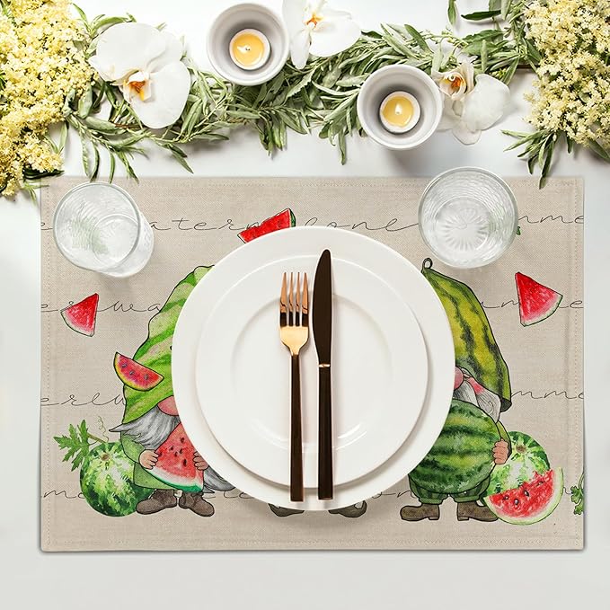 Summer Watermelon Gnomes Placemats Set of 4 12 x 18 Inch,Watercolor Red Watermelon Washable Kitchen Mats Seasonal Place Mat for Kitchen Dining Table Decor