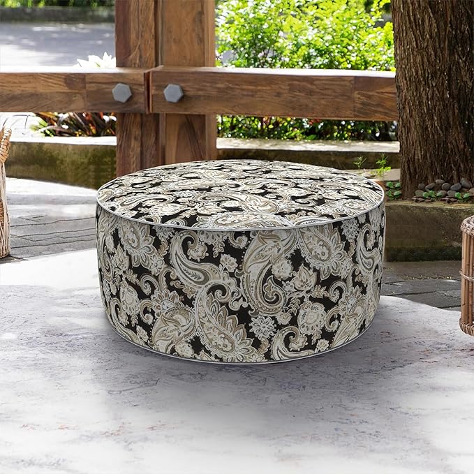 LVTXIII Indoor/Outdoor Inflatable Ottoman, D31 x H14 Inch Large Round Ottoman, All Weather Foot Rest Stool, Portable Footrest for Patio, Garden, Camping and Home - Paisley Black