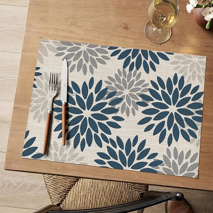 Artoid Mode Floral Vinyl Placemats Set of 4, Heat Resistant Washable Non-Slip Plastic PVC Place Mats for Party Kitchen Dining Decor, Blue Grey