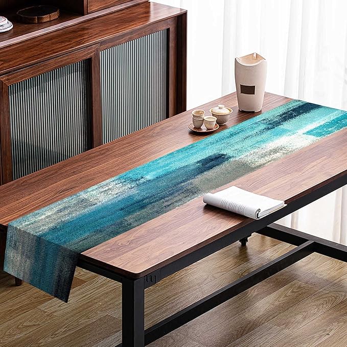 Mcalk Farmhouse Turquoise Table Runner and Placemats Set of 6 Pieces,Teal Turquoise Placemats Modern Art,Blue Grey Abstract Art Cloth Place Mats for Kitchen,Linen Material for Dining Table