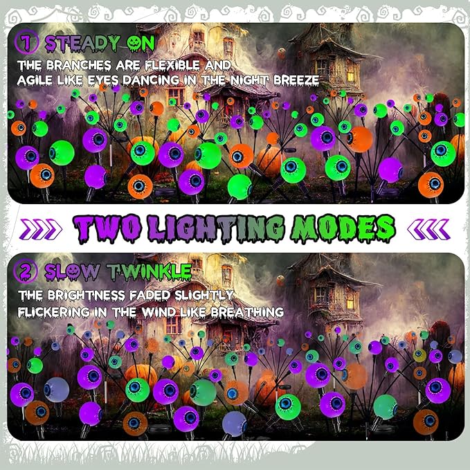 6Pack 36LED Orange,Purple and Green Solar Halloween Eyeball Lights Outdoor, Solar Garden Lights Outdoor Waterproof, Firefly Light Swaying by Wind with 2 Modes for Pathway Yard Halloween Decorations