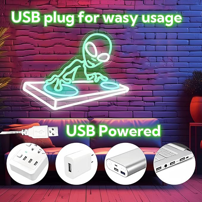 Alien DJ Neon Sign DJ Gifts for Men Cave Cool LED Neon Light for Music Bar Wall Decor Dimmable LED Signs for Game Room Bedroom Decor Bar Music Concert Wall Art 15.7 * 12.6IN