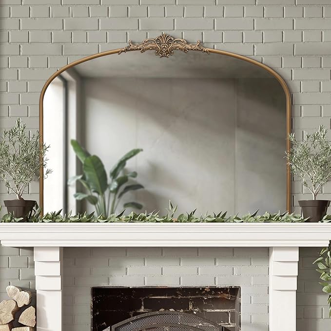 Vintage Baroque Arched Mirror: 40"x30" Gold Antique Wall Mounted Mirror - Traditional Ornate Metal Frame - Home Decor for Entryway/Fireplace/Living Room/Hallway/Bathroom