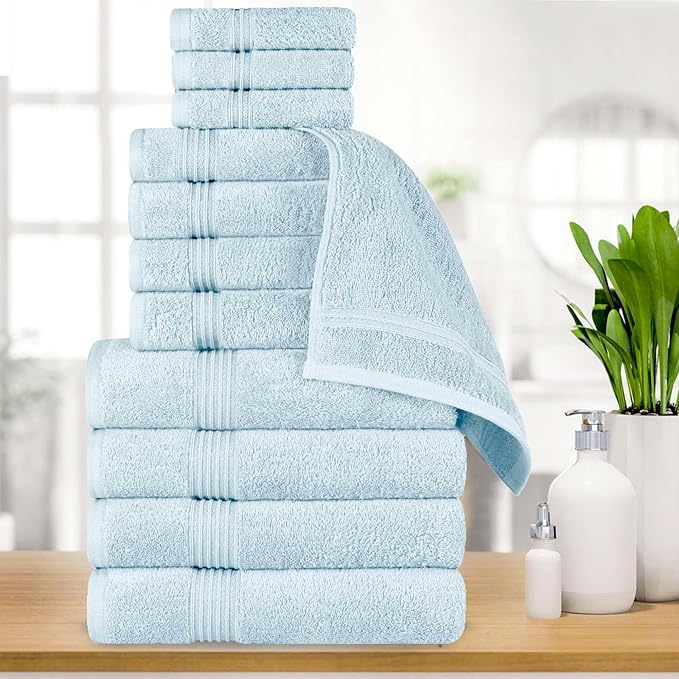 Superior Egyptian Cotton 12-Piece Towel Set, Assorted Towels for Home Bathroom, Guest Bath Decor Essentials, Includes 4 Bath, 4 Hand, 4 Face Towels/Washcloths, Quick Dry, Absorbent - Light Blue