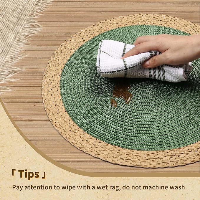 Noctiflorous Round Braided Placemats Set of 4 Table Mats 15 Inches Washable Heat Resistant for Dining Table Non-Slip Indoor Outdoor Place Mats for Thanksgiving Christmas Easter(Green Wide Edge 4)