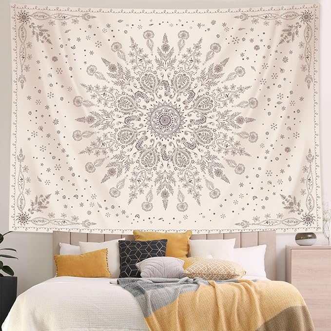 Lunerfex Boho Floral Tapestry Mandala Wall Tapestry, Cute Tapestries for Bedroom Beige Flower Tapestries Wall Hanging for Bedroom Living Room Wall Decor Beige-1 60"x80"