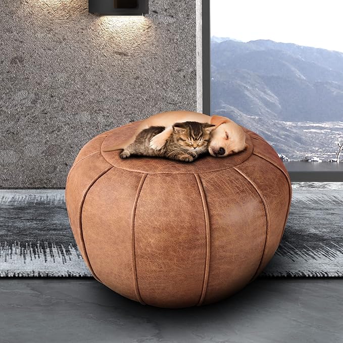 Louis Donné Unstuffed Moroccan Ottoman Pouf Cover, Waterproof Handmade Faux Decor Storage Solution for Kids Toy, Footstool Pouffe Cover Replacement Balcony Indoor 21dia Chestnut Brown, ONLY Cover
