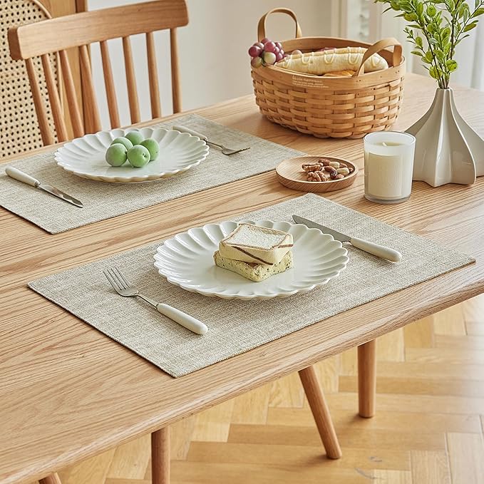 Softalker Faux Linen Placemats Set of 12-12 x 18 Inch, Heat Resistant Double Layered Durable Burlap Farmhouse Place Mats, Non-Slip Washable Rustic Table Mats for Dining, Kitchen, Party(Beige