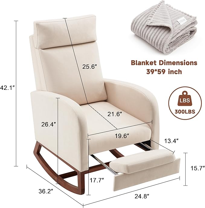 Rocking Chair Nursery Chair with Foot Rest, Nursery Rocking Chairs with High Back, Glider Rocking Chair, Baby Nursery Glider Rocker, Nursing Chair Accent Living Room, Beige with Blanket