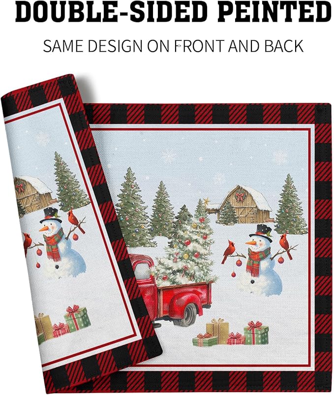 Giwawa Christmas Truck Placemats Set of 4 Winter Snowman Xmas Trees Place Mat with Black Red Buffalo Plaids 12"x18" Snow Farm Scene Non Slip Table Mats for Kitchen Dining Holiday Party Decor