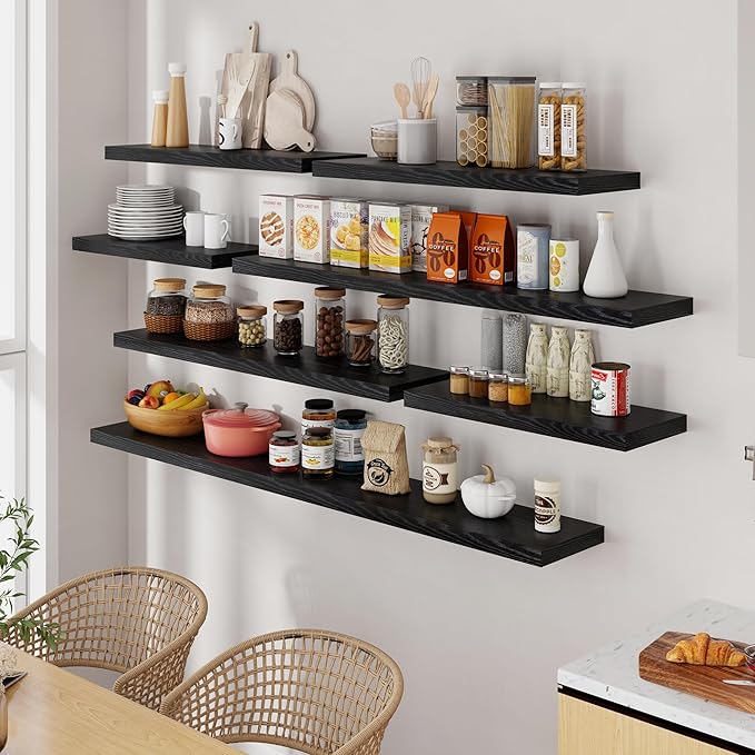 55 Inch Black Floating Shelves, 9.3 Inch Deep Wall Mounted Floating Shelf, 55 x 9.3 Large Storage Wall Shelf for Living Room, Floating TV Stand, Farmhouse Rustic 55" Long Fireplace Mantel