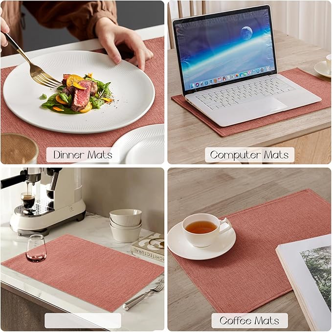 Romanstile Cloth Placemats Set of 6-12 x 18 Inch, Heat Resistant Double Layered Thickened Burlap Fall Place Mats, Washable Faux Linen Farmhouse Table Mats for Kitchen/Dining/Party/Outdoor, Orange