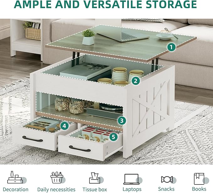 YITAHOME Square Lift Top Coffee Tables for Living Room, Farmhouse Coffee Table with Storage, Small Coffee Tables with 2 Drawers Lifting Top, Wooden Center Table for Home, Grey Wash