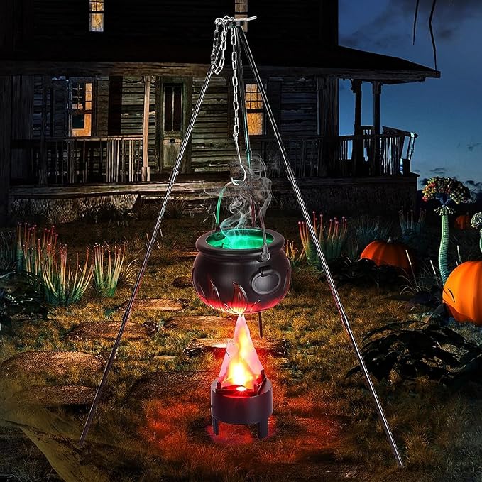 Halloween Decorations Outdoor - Large Witches Cauldron on Tripod with Lights - Black Plastic Cauldron Candy Bucket Decoration for Yard Home Porch Outside