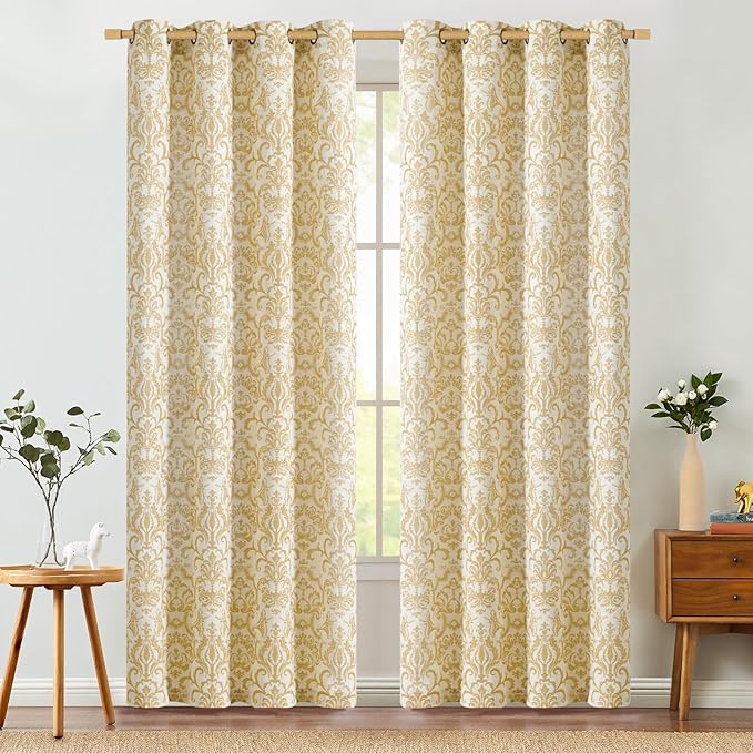 Jinchan Light Filtering Curtains for Bedroom and Living Room - 72 Inch Length, 2 Panels Set, Linen Blend Drapes, Vintage Damask Pattern, Grommet Top, Mustard Yellow on Flax