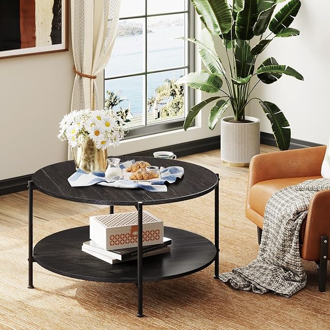 WLIVE Round Coffee Table for Living Room, 32.6" Small Coffee Table with Open Storage Shelf, 2-Tier Industrial Circle Wood Center Table for Bedroom, Home Office, Charcoal Black