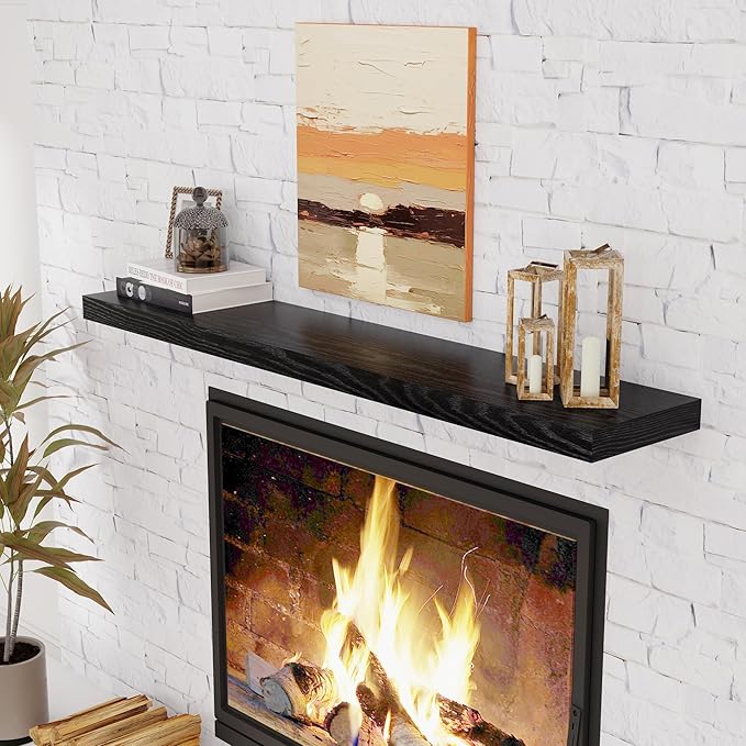 55 Inch Black Floating Shelves, 9.3 Inch Deep Wall Mounted Floating Shelf, 55 x 9.3 Large Storage Wall Shelf for Living Room, Floating TV Stand, Farmhouse Rustic 55" Long Fireplace Mantel