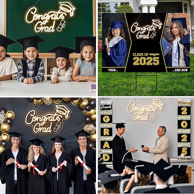 FRAMICS Congrats Grad Neon Sign-10 Adjustable Brightness 2025 Graduation Decorations Lighted Congrats Grad Sign with 9.8 FT USB Power Cord Warm White LED Graduation Sign for Wall Decor Party Backdrop