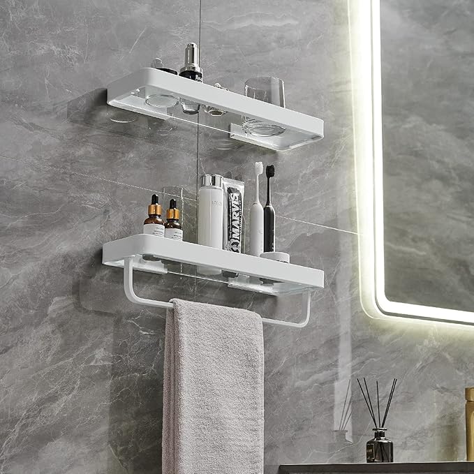 VOLPONE Bathroom Shelves Wall Mounted 2 Tier Glass Floating Shelf - Tempered Glass Wall Organizer (White)