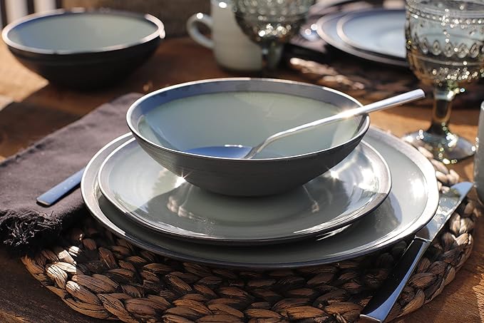 Euro Ceramica Diana 16 Piece Modern Dinnerware Set, Dinner, Salad Plate, Soup Bowl, Mug, Service for 4, Mint Green/Graphic Grey