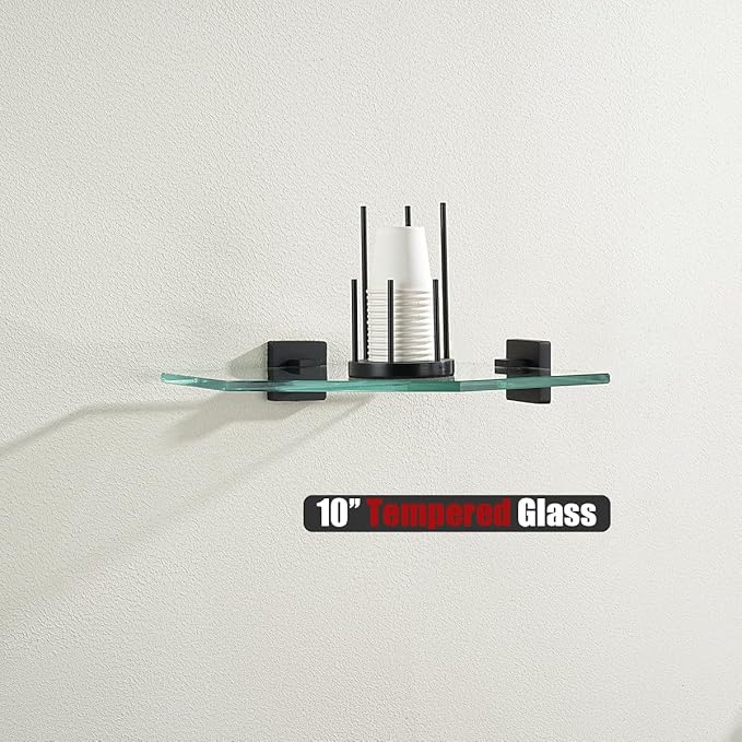 JQK Corner Glass Shelf Black, Bathroom 304 Stainless Steel Shower Triangle Floating Wall Shelf, 10 x 10 Tempered Glass, 2 Pack, TGS290L10-PB-P2