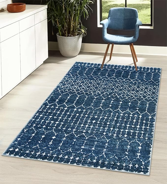 Lahome Moroccan Blue 3x5 Non-Slip Washable Soft Rug for Bedroom Floor Throw, Geometric Print Distressed Indoor Modern Rug for Entryway, Dining Room, Bathroom