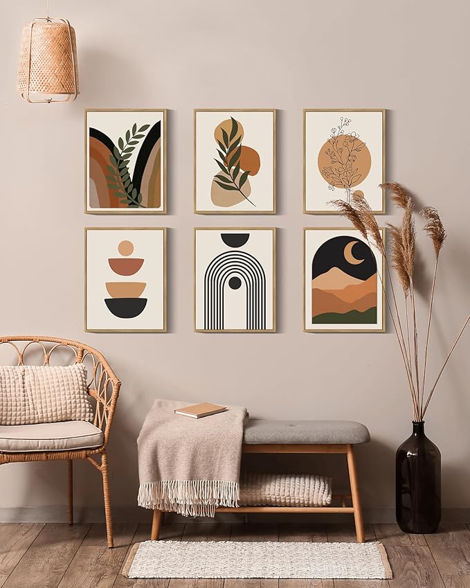 Drsoum Boho Wall Decor Framed Wood Wall Art Mid Century Modern Canvas Abstract Boho Room Decor Bohemian Painting for Bedroom Kitchen Office Home Decor 11x14in - Natural Framed