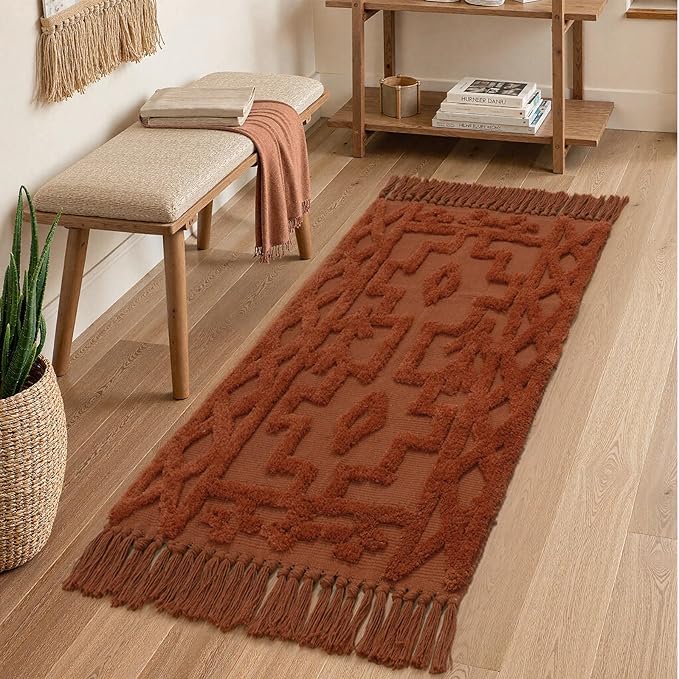 Uphome Boho Bathroom Runner Rug 2' x 4.3', Washable Woven Cotton Bedroom Runners, Terracotta Aesthetic Tufted Entryway Runner Rugs, Bohemian Tribal Throw Rug for Bedside Living Room Laundry Kitchen